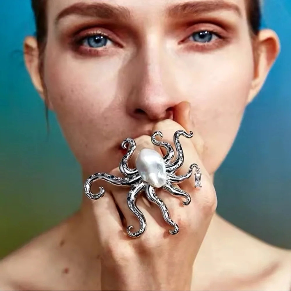 Octopus Silver Pearl Adjustable Ring